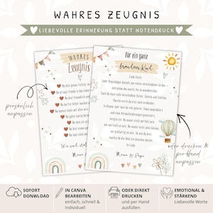 Puede incluir: Dos tarjetas rectangulares tituladas Wahres Zeugnis con ilustraciones de arcoíris, un sol y un globo aerostático. El texto incluye frases en alemán como Liebe Emily y Mama & Papa. El diseño utiliza colores pastel suaves con iconos de corazones.