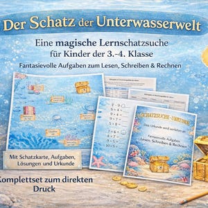 Puede incluir: Un conjunto educativo para niños de 8 a 10 años, con temática de búsqueda del tesoro. La imagen muestra un mapa, hojas de trabajo y un certificado, todos con un diseño submarino. También se ve un cofre del tesoro lleno de monedas de oro.