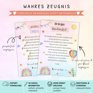 Könnte beinhalten: Zwei druckbare Karten mit pastellfarbenen Aquarellmotiven, die Regenbögen, Blumen, eine Sonne und einen Heißluftballon zeigen. Der Text enthält 'WAHRES ZEUGNIS', 'LIEBEVOLLE ERINNERUNG STATT NOTENDRUCK', 'Für ein ganz besonderes Kind' und 'persönlich anpassen'.