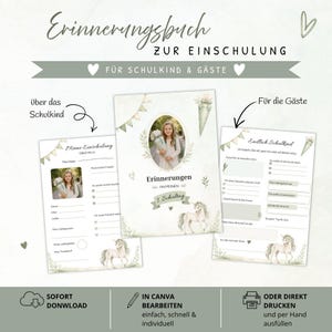Könnte beinhalten: Ein Set aus drei druckbaren Erinnerungsbüchern für den ersten Schultag eines Kindes, in sanften Grün- und Weißtönen. Die Bücher zeigen Illustrationen eines jungen Mädchens, Einhörnern und dekorativen Bannern. Text enthält "Erinnerungen" und "Für die Gäste".