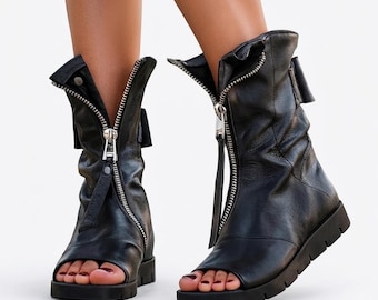 Black Leather Open Toe Boots Goth Festival Gladiator Sandals Avant Garde Shoes
