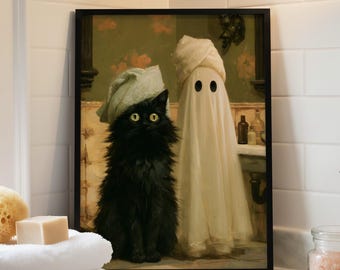 Vintage Halloween Bathroom Decor, Whimsical Ghost Wall Art, Spooky Cute Art Print (Digital Download)