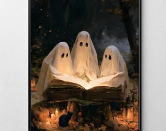 Vintage Halloween Ghost Wall Art, Whimsigoth Halloween Decor, Dark Cottagecore Book Art Print (Digital Download)