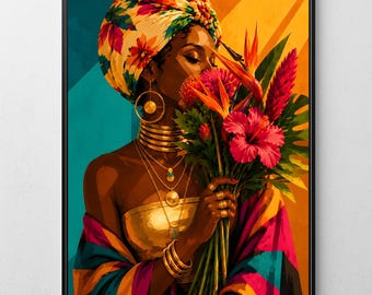 Afro Woman Portrait Print, Tropical Flower Wall Art, Afrocentric Dopamine Decor (Digital Download)