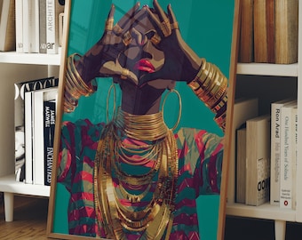 Afro Woman Portrait Art, Bold Gold Jewelry, Modern African Poster (Digital Download)