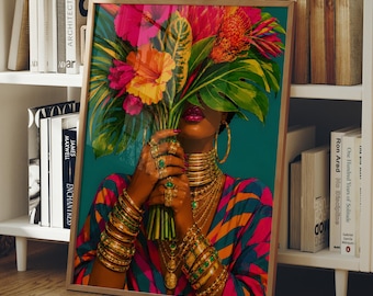 Afro Woman Portrait Print, Gold Jewelry Afrocentric Wall Art, Tropical Flower Poster (Digital Download)