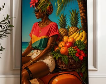 Afrocentric Colorful Wall Art, Maximalist Dopamine Decor, Tropical Black Woman Art Print (Digital Download)