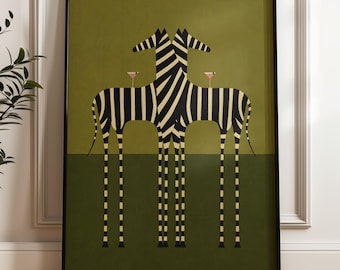 Abstract Zebra Couple Wall Art, Martini Glasses Poster, Minimalist Dopamine Decor (Digital Download)