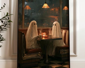 Vintage Halloween Ghost Wall Art, Retro Diner Decor, Spooky Cute Art Print (Digital Download)