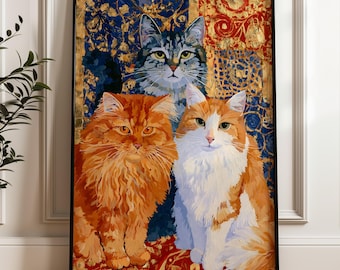 Colorful Cat Wall Art, Maximalist Animal Art Print, Whimsical Cat Lover Decor (Digital Download)