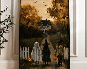 Vintage Halloween Wall Art, Cottagecore Trick or Treat Decor, Whimsical Halloween Art Print (Digital Download)