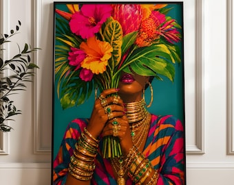 Afro Woman Portrait Print, Gold Jewelry Afrocentric Wall Art, Tropical Flower Poster (Digital Download)