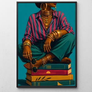May include: A framed art print featuring a person in a pink and teal striped shirt and teal trousers, adorned with gold jewelry, sitting on a stack of four books. The person holds round sunglasses. The text InFramePrint appears at the bottom.