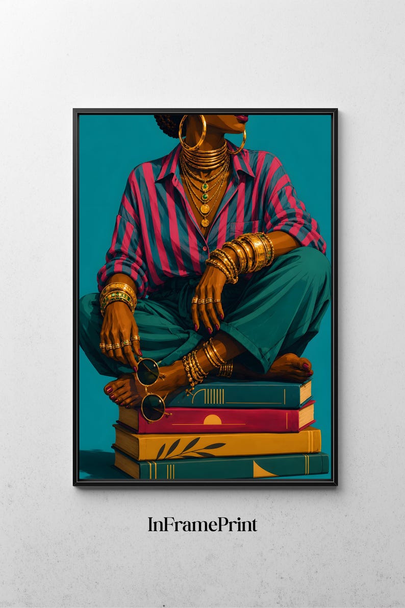 May include: A framed art print featuring a person in a pink and teal striped shirt and teal trousers, adorned with gold jewelry, sitting on a stack of four books. The person holds round sunglasses. The text InFramePrint appears at the bottom.