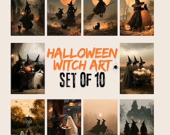 Halloween Witch Wall Art, Set of 10 Witchy Halloween Art Prints, Witchcore Gallery Wall Set (Digital Download)