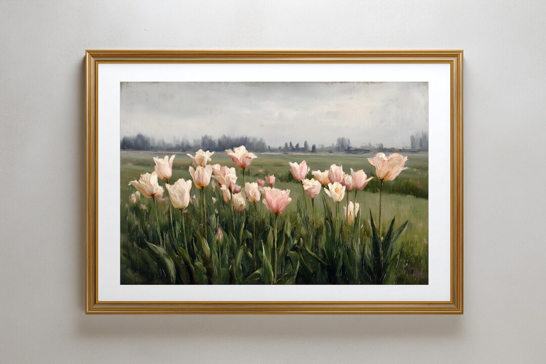 Vintage Tulip Field Painting, Soft Countryside Landscape Wall Art ...