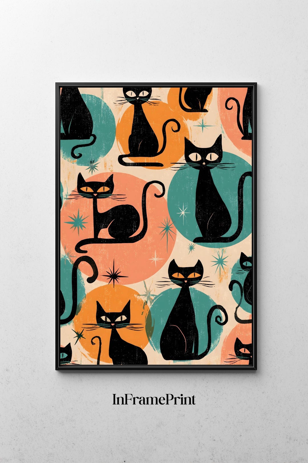 Atomic Cat Print, Mid Century Modern Pattern, Retro Black Cat Art ...