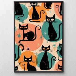 May include: Black cat art print in a black frame. The print features a repeating pattern of stylized black cats on a cream background, with teal and orange circles and starburst accents. The text "InFramePrint" is at the bottom.