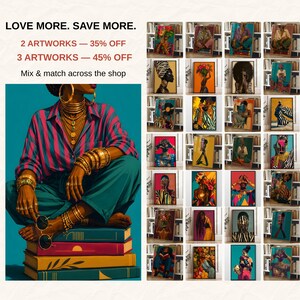 May include: A digital art print featuring a person wearing a pink and blue striped shirt and teal pants, adorned with gold jewelry, sitting on a stack of three books. The image includes text: LOVE MORE. SAVE MORE. 2 ARTWORKS &mdash; 35% OFF, 3 ARTWORKS &mdash; 45% OFF.