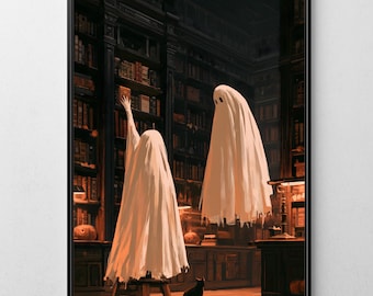 Funny Halloween Ghost Wall Art, Dark Academia Halloween Decor, Whimsical Book Lover Gift (Digital Download)