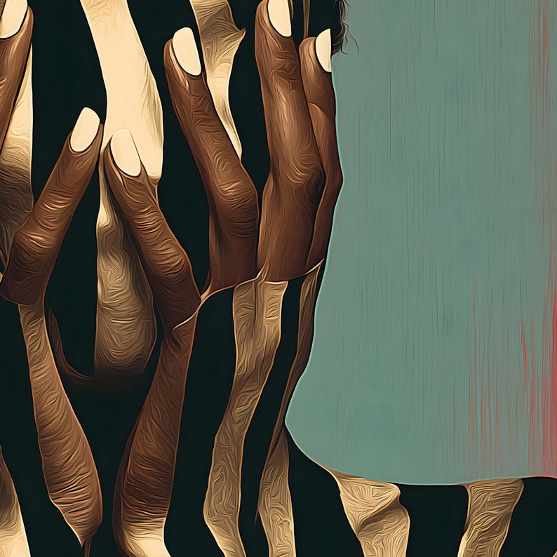 May include: An abstract digital illustration featuring vertical bands of dark brown, tan, and black tones that resemble elongated fingers or organic shapes. A solid, muted teal-green rectangular block occupies the right side of the composition.