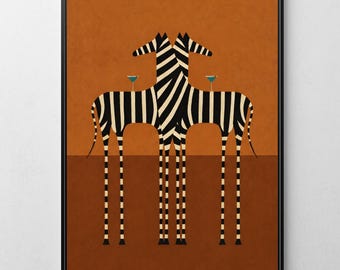 Abstract Zebra Wall Art, Minimalist Dopamine Decor, Martini Glasses Art Print (Digital Download)