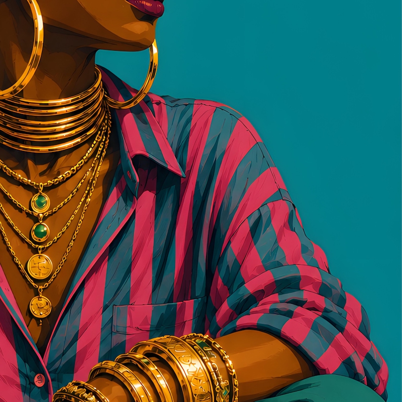 May include: A button-down shirt featuring vertical stripes in magenta and teal. The attire is accessorized with multiple gold-toned hoop earrings, a layered gold choker, several gold chain necklaces with green stone pendants, and gold bangles.