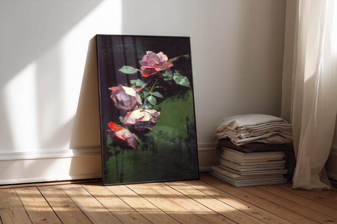 Dark Rose Painting, Moody Floral Botanical Print, Vintage Flower Wall ...