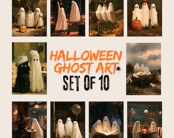 Halloween Ghost Wall Art, Set of 10 Whimsical Halloween Art Prints, Spooky Cute Gallery Wall Set (Digital Download)