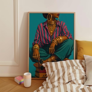 May include: A framed art print featuring a person wearing a pink and dark blue striped button-down shirt and dark teal trousers. The person is adorned with multiple gold hoop earrings, layered gold necklaces, and stacked gold bracelets on both wrists.