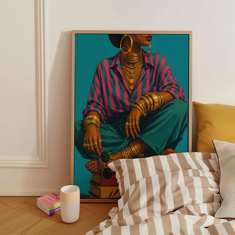 May include: A framed art print featuring a person wearing a pink and dark blue striped button-down shirt and dark teal trousers. The person is adorned with multiple gold hoop earrings, layered gold necklaces, and stacked gold bracelets on both wrists.