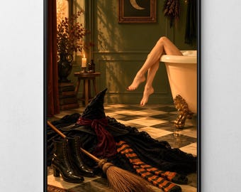 Halloween Witch Wall Art, Dark Academia Bathroom Decor, Whimsigoth Art Print (Digital Download)