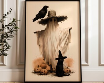 Vintage Halloween Ghost Wall Art, Whimsical Black Cat Decor, Cottagecore Halloween Art Print (Digital Download)
