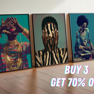 May include: Three framed art prints featuring stylized portraits. The left shows a person with gold jewelry, the center a person with zebra-striped skin, and the right a person with sunglasses at a turntable. Text reads: BUY 3 GET 70% OFF.