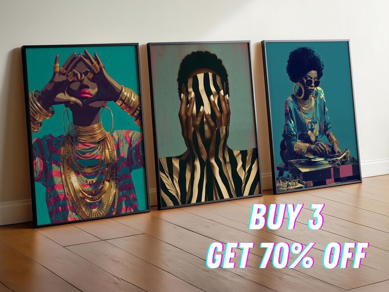 May include: Three framed art prints featuring stylized portraits. The left shows a person with gold jewelry, the center a person with zebra-striped skin, and the right a person with sunglasses at a turntable. Text reads: BUY 3 GET 70% OFF.