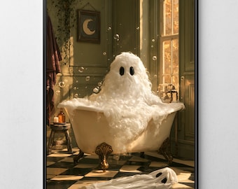 Funny Halloween Ghost Wall Art, Whimsical Bathroom Decor, Spooky Cute Ghost Art Print (Digital Download)