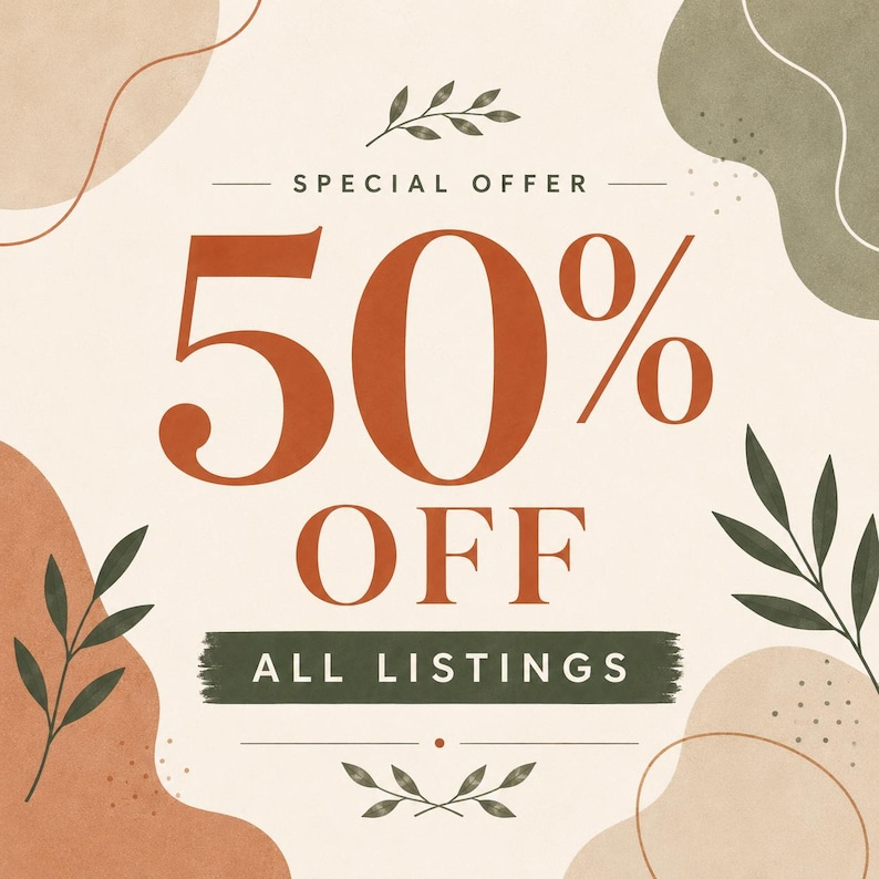 May include: A graphic advertisement featuring the text 50% OFF ALL LISTINGS in large rust-colored and white font. The background is cream-colored with abstract organic shapes in muted green and terracotta, accented by delicate botanical leaf illustrations.