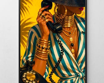 Afro Woman Portrait Art Print, Gold Jewelry African Decor, Modern Bold Poster (Digital Download)