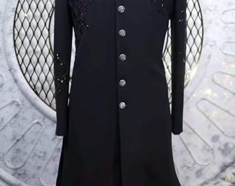 Schwarzer Indowestern Sherwani für Männer, Handbestickter Jodhpuri-Anzug, Designer-Hochzeits-Ackan, Bräutigam-Empfangs-Outfit, maßgefertigter Anzug