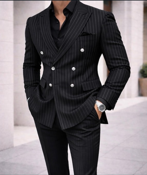 black and silver formal dress men's Pinstripe Double Breasted Suit, Buttons Peak Lapel Suit for Wedding, Business Slim Fit 2 Piece Suit, Groom Wear mob dress