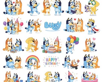 青い犬のPNG SVGバンドル、かわいい漫画の犬の家族のクリップアート、子供の誕生日パーティーPNG、昇華デザインのデジタルダウンロード