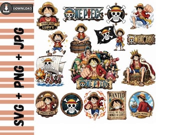 ワンピースPNGバンドル、アニメSVGクリップアート、海賊マンガキャラクター、Cricut用ステッカーデザインファイル、Tシャツプリント、即時ダウンロード