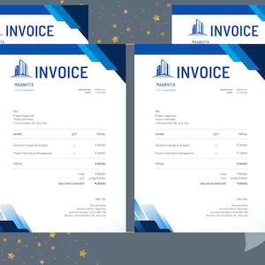 Peut inclure: Deux factures avec un design bleu et blanc. Le mot "INVOICE" est en haut, avec le nom de l'entreprise "MAANVITA" et un logo de bâtiment. Les factures listent les détails des travaux, les quantités et les totaux. Les factures sont pour un ingénieur civil.