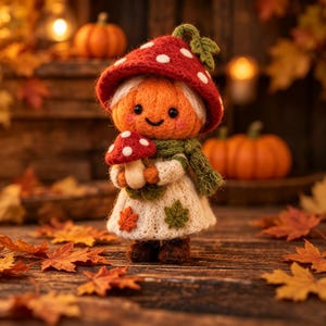 May include: A crocheted doll with a pumpkin-shaped head, wearing a red mushroom cap hat with white spots and a green scarf. The doll has a white dress decorated with small orange and green leaf appliques and holds a small red mushroom.