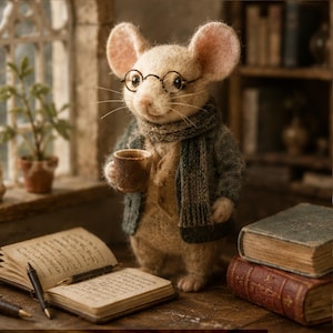 Needle Felted Scholar Mouse, Cute Wool Animal Figurine, Vintage Reading Mouse, Handmade Cottagecore Shelf Decor
