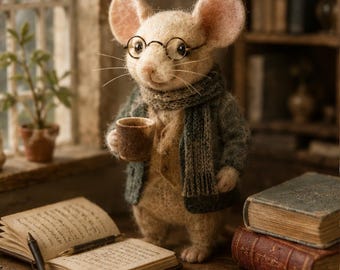 Needle Felted Scholar Mouse, Cute Wool Animal Figurine, Vintage Reading Mouse, Handmade Cottagecore Shelf Decor