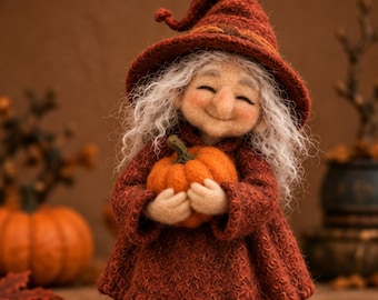 Filthäxa med pumpa, 8,5 cm Halloween-figur, nyckfull höstdekoration, söt skördehyllprydnad, present till häxälskare