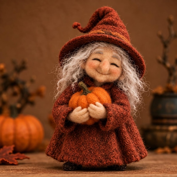 Vilten heks met pompoen, 8 cm groot, Halloween beeldje, speelse herfstdecoratie, schattig herfstdecoratie voor op de plank, cadeau voor heksenliefhebbers