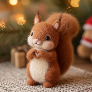 May include: A handmade felt squirrel figure in brown, cream, and pink. The squirrel has a fluffy tail and is holding its hands in a heart shape. The figure is set against a blurred background with soft, warm lighting.