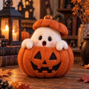 May include: A needle-felted white ghost figure with black eyes and pink cheeks peeking out from inside a textured orange pumpkin with a carved jack-o'-lantern face. A smaller orange pumpkin with a tiny carved face sits atop the ghost's head.